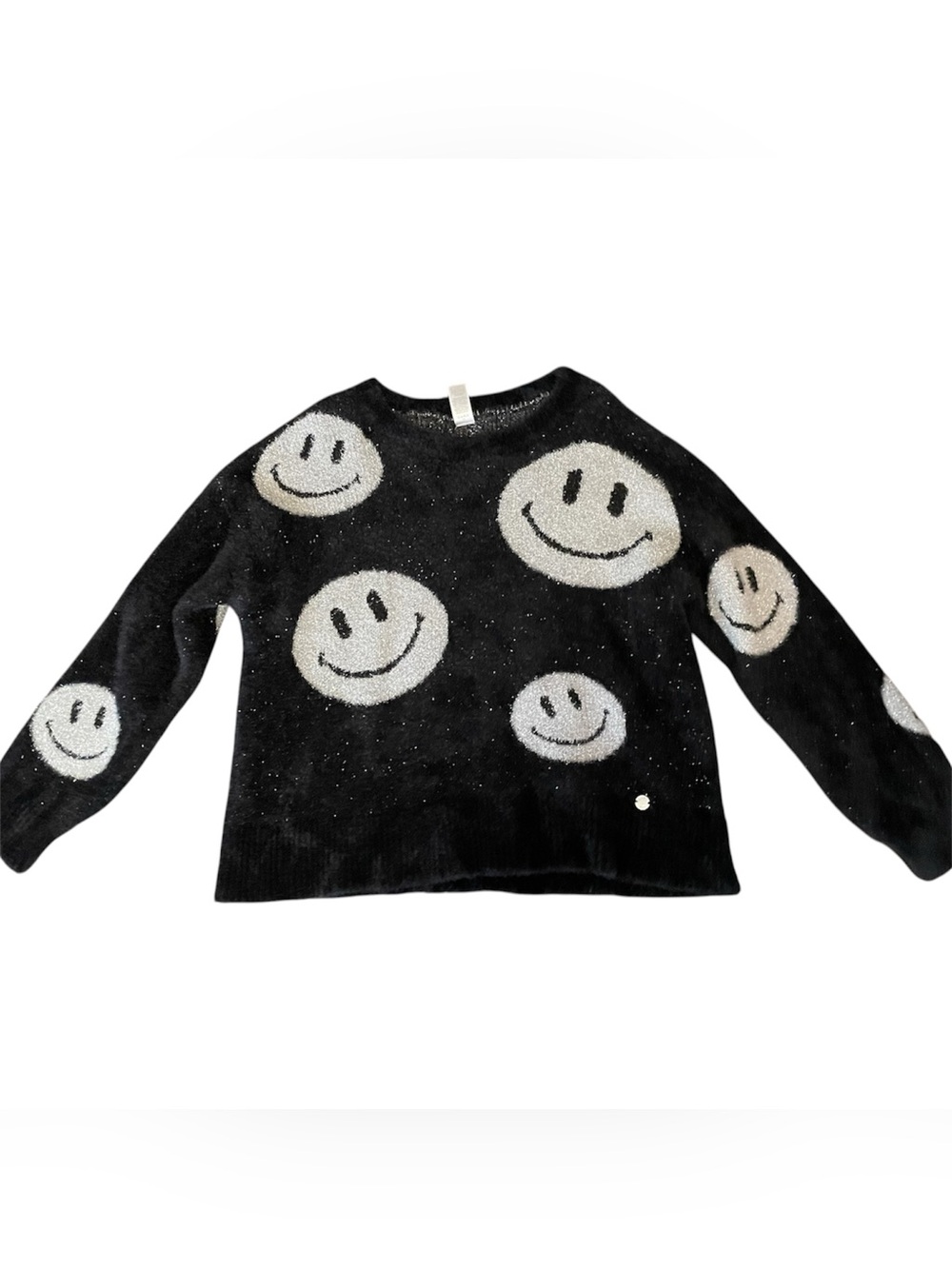Justice Black Crewneck Sweater with White Smiley Faces